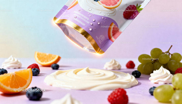 Świeży kremowy jogurt z soczystymi owocami na pastelowej powierzchni