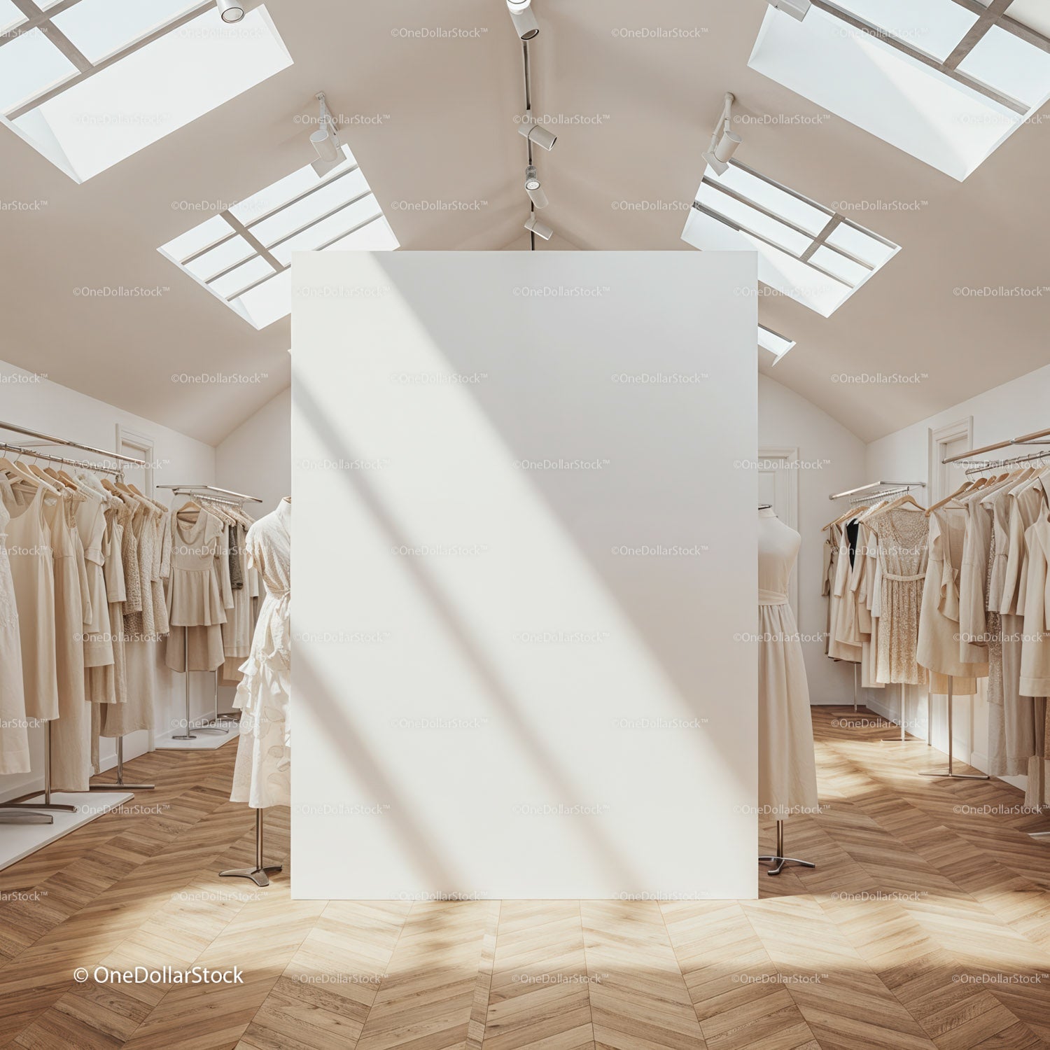 Minimalistyczny butik z neutralnymi sukienkami i naturalnym światłem