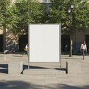 Urban blank billboard surrounded by trees and pedestrians