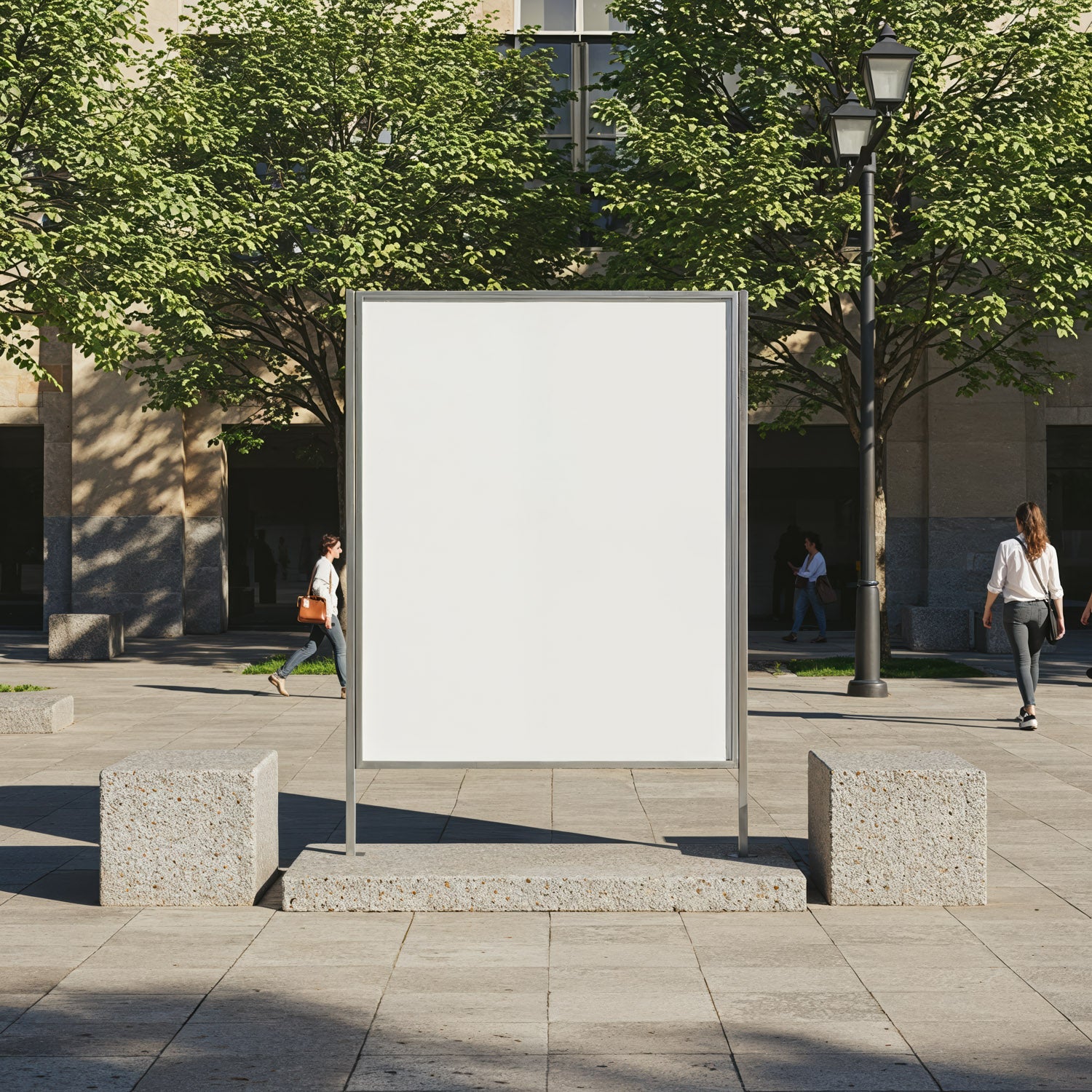 Urban blank billboard surrounded by trees and pedestrians