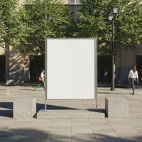 Urban blank billboard surrounded by trees and pedestrians