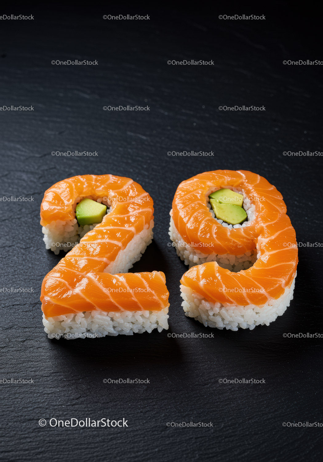 Sushi z łososiem i awokado w kształcie cyfry dwadzieścia dziewięć