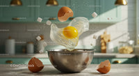 Fresh Egg Cracking Over Bowl with Floating Sugar Cubes