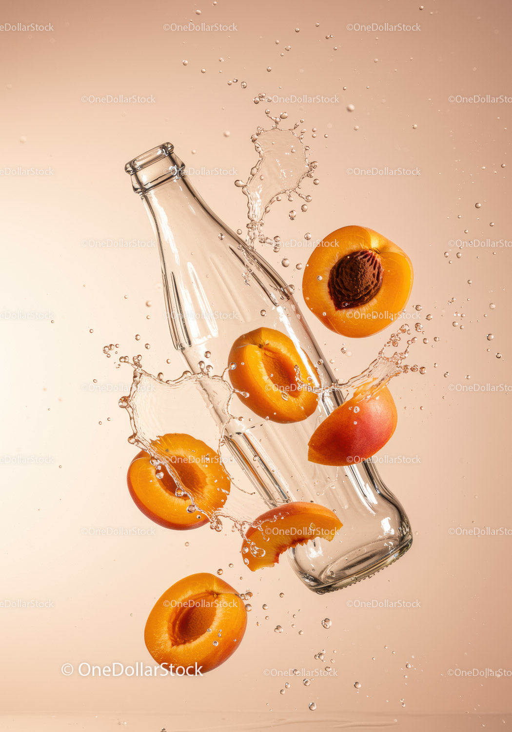 Glass Bottle with Splashing Apricots in Motion