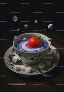 Strawberry floating in cosmic galaxy tea cup