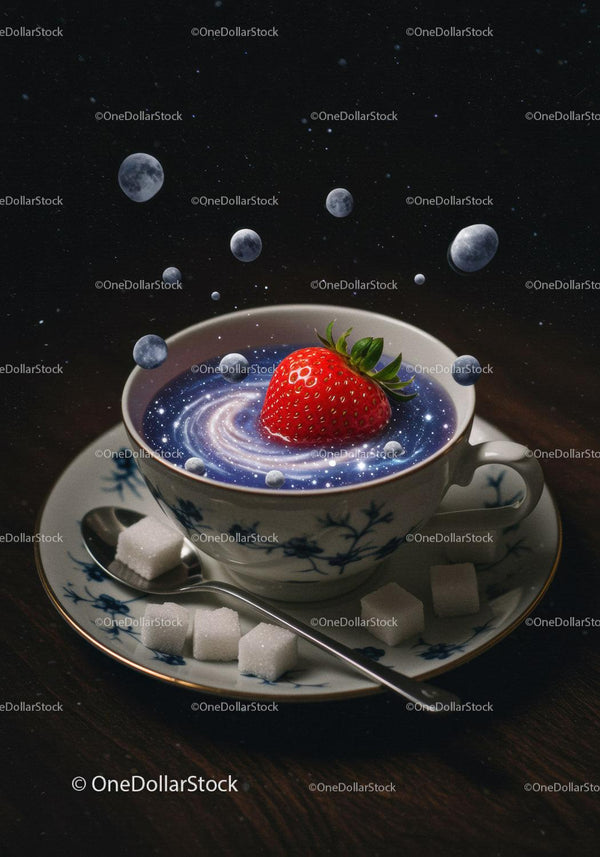 Strawberry floating in cosmic galaxy tea cup