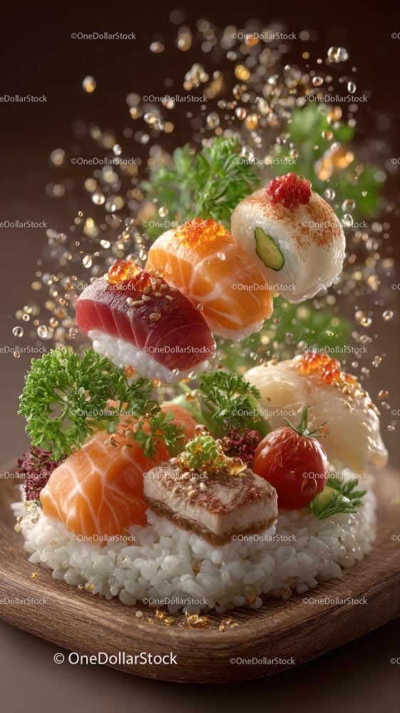 Colorful Sushi Platter with Salmon Tuna Eel and Vegetables Stock Photo Bundle (29 JPG Files)