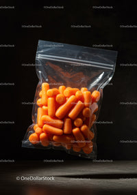 Clear bag filled with fresh baby carrots on dark background