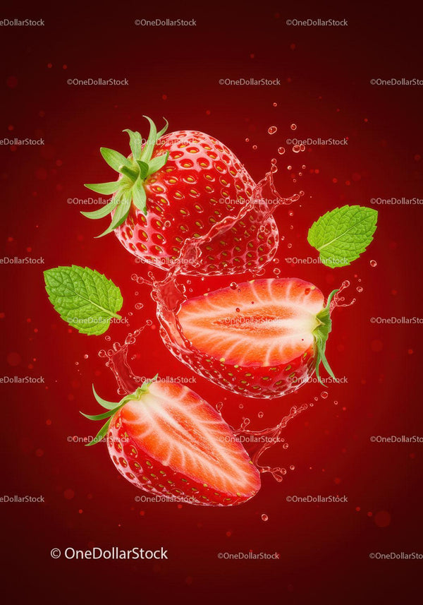 Fresh strawberries with mint leaves splashing in water