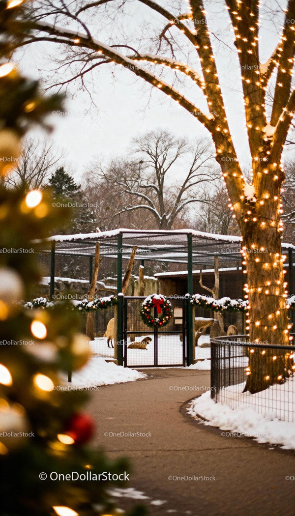 Winter Zoo Scene with Festive Christmas Decorations