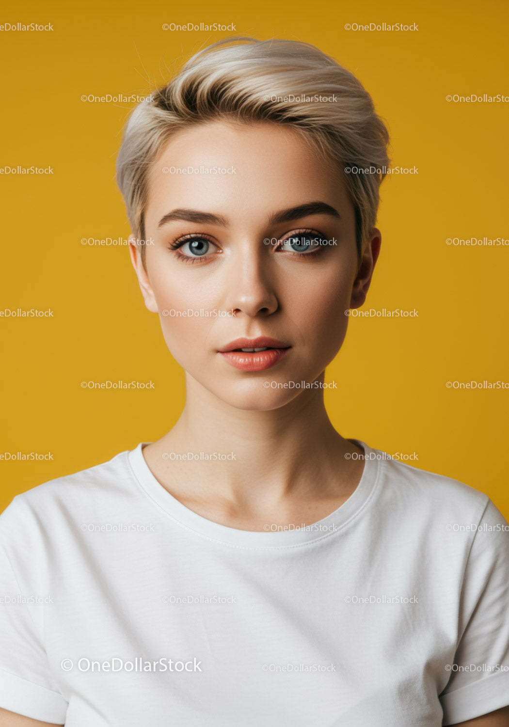Elegancka młoda kobieta z krótkimi blond włosami i niebieskimi oczami w studiu