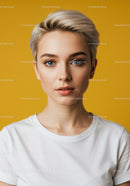 Elegant Young Woman with Short Blonde Hair and Blue Eyes in Studio