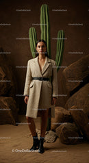 Elegant Model in Brown Suit Posing Amidst Desert Rocks
