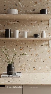 Minimalist Kitchen with Terrazzo Wall and Stylish Storage Canisters