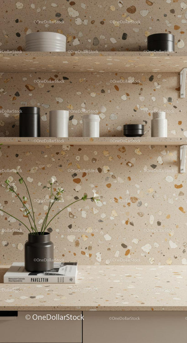 Minimalist Kitchen with Terrazzo Wall and Stylish Storage Canisters