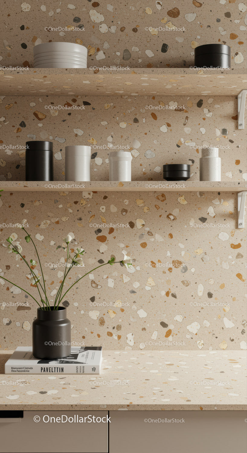 Minimalist Kitchen with Terrazzo Wall and Stylish Storage Canisters
