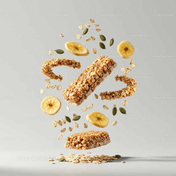 Floating granola bars with banana chips and seeds