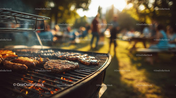 Outdoor Barbecue Scene with Sizzling Meat and Summer Atmosphere