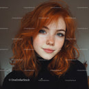 Young Woman with Vibrant Red Curly Hair and Blue Eyes in Casual Portrait