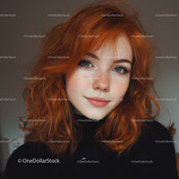 Young Woman with Vibrant Red Curly Hair and Blue Eyes in Casual Portrait