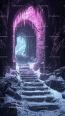 Enchanted Blue and Pink Ice Cave with Frozen Staircase