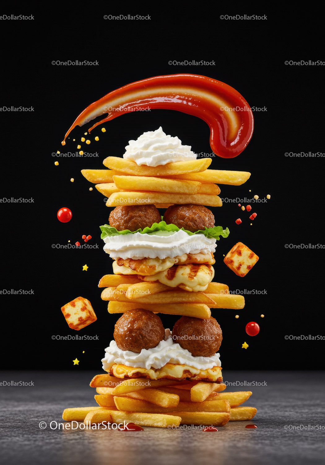 Stacked Fries and Meatballs with Cream and Sauce