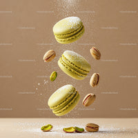 Green Pistachio Macarons with Powdered Sugar Falling
