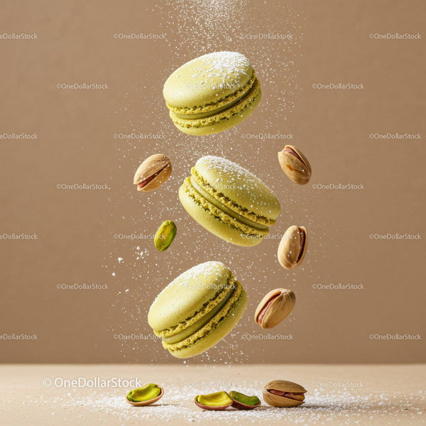Green Pistachio Macarons with Powdered Sugar Falling