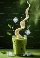 Iced matcha latte with creamy swirl and fresh leaves
