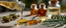 Herbal Essential Oils and Spa Products with Greenery and Bottles