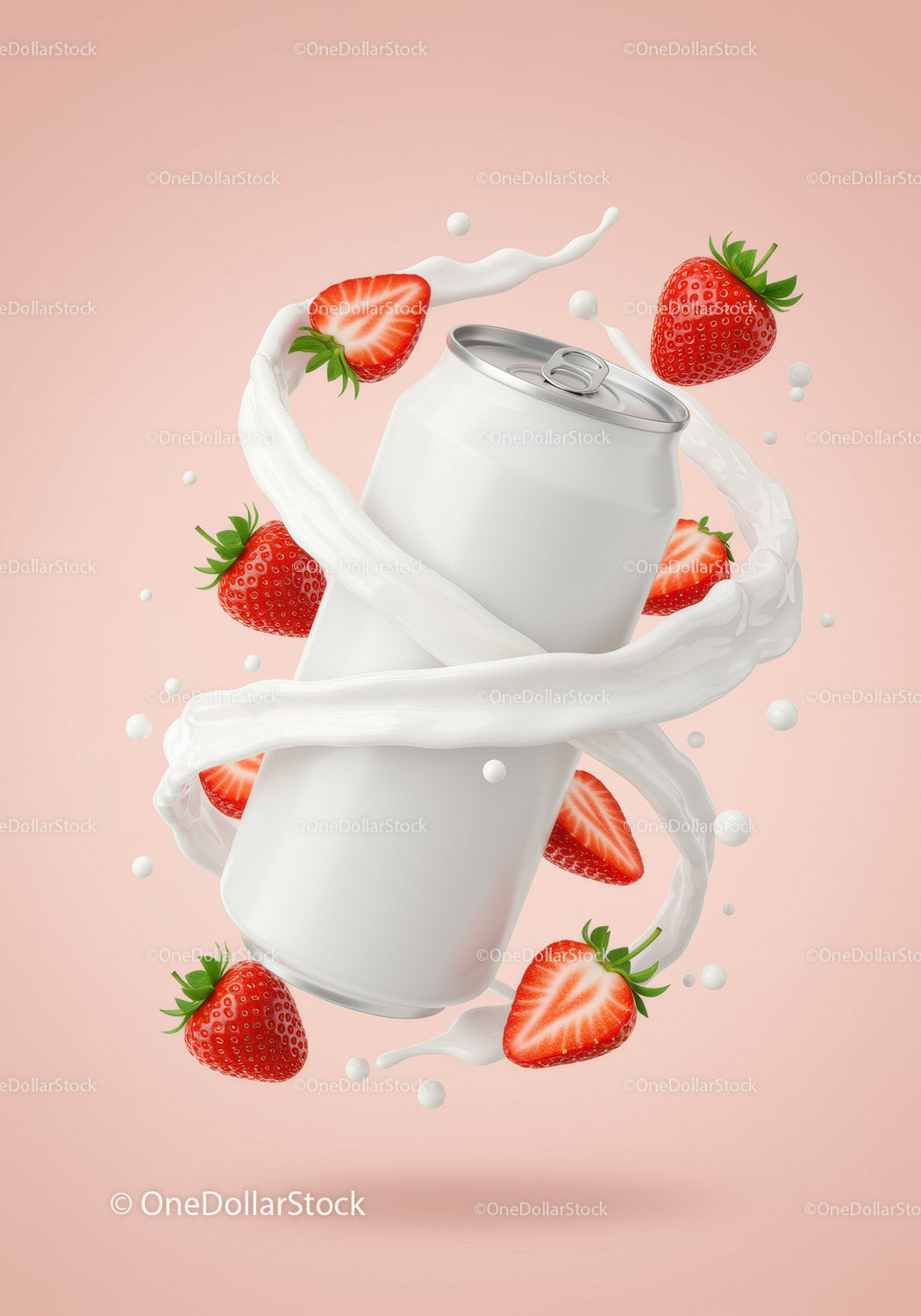 Refreshing strawberry drink can with creamy splash