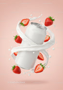 Refreshing strawberry drink can with creamy splash
