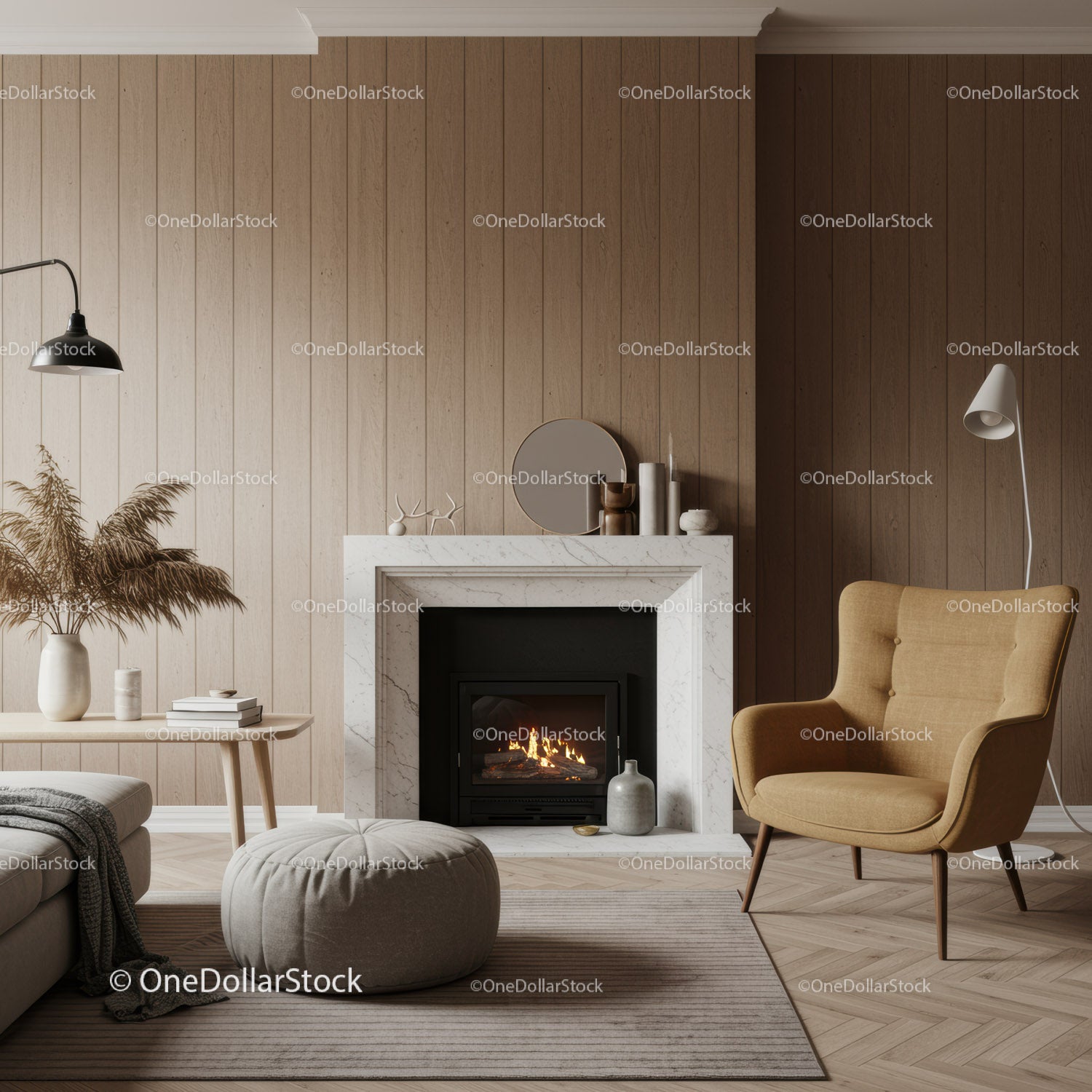 Cozy Living Room with Fireplace and Beige Armchair