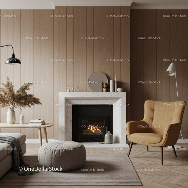 Cozy Living Room with Fireplace and Beige Armchair