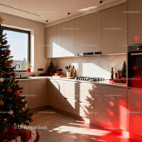 Modern kitchen warmly decorated for Christmas celebration
