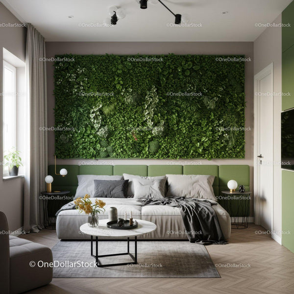 Elegant Bedroom with Lush Green Living Wall and Stylish Decor