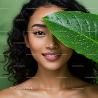 Elegant Woman with Curling Hair and Green Leaf in Natural Setting