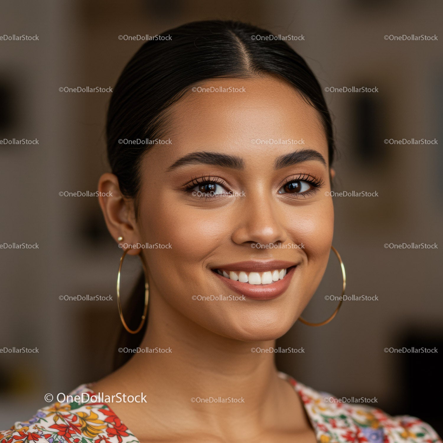 Portrait of Smiling Woman with Earrings in Elegant Style