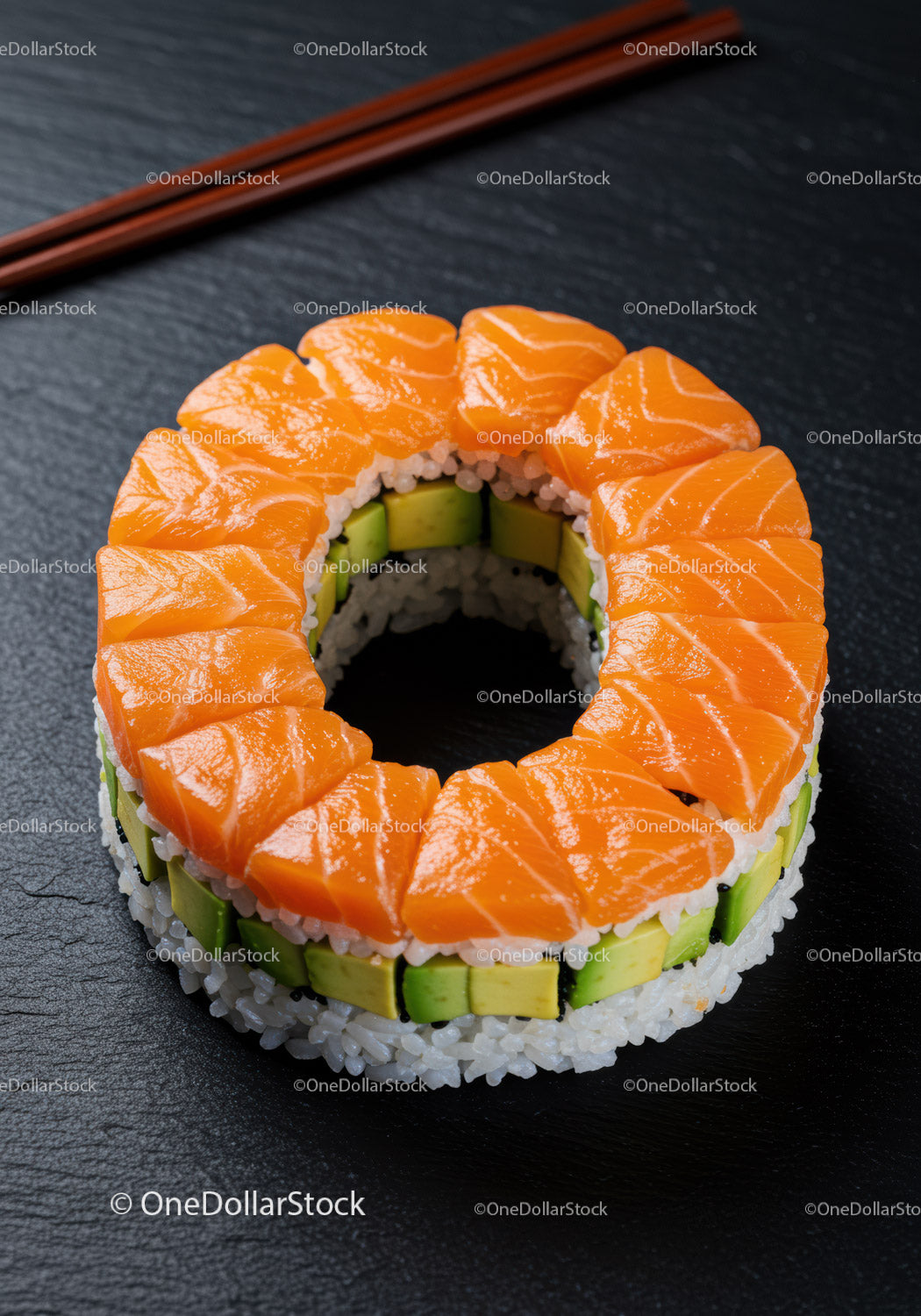 Świeży łosoś i awokado w pierścieniu sushi na talerzu łupkowym