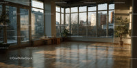 Bright Modern Room with Large Windows and Wooden Floor