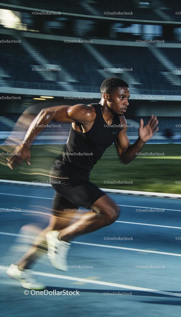 Focused Sprinter Accelerating on Outdoor Track