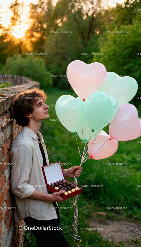 Young man holding chocolates and heart balloons outdoors