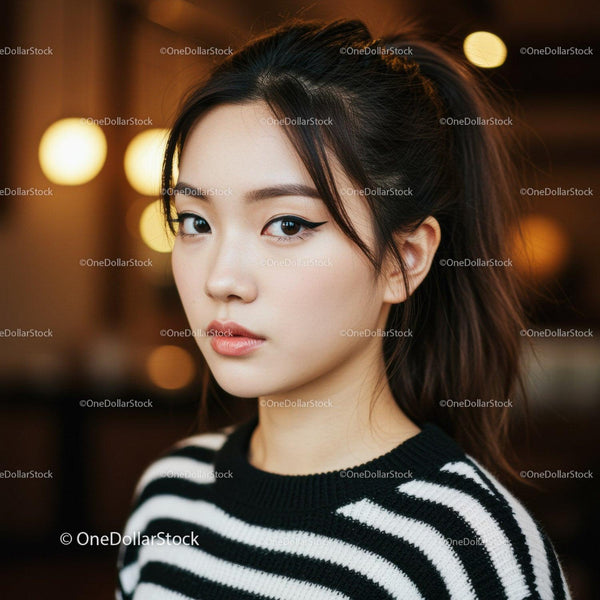 Portrait of a Young Asian Woman with Stylish Makeup and Black and White Sweater