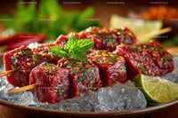 Marinated Beef Skewers with Lime and Mint Garnish on Ice Bed