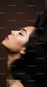 Portrait of a woman with flowing black hair and closed eyes