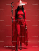 Elegant Woman in Red Dress with Accessories Against Red Background