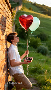 Young man holding heart balloons and chocolates outdoors