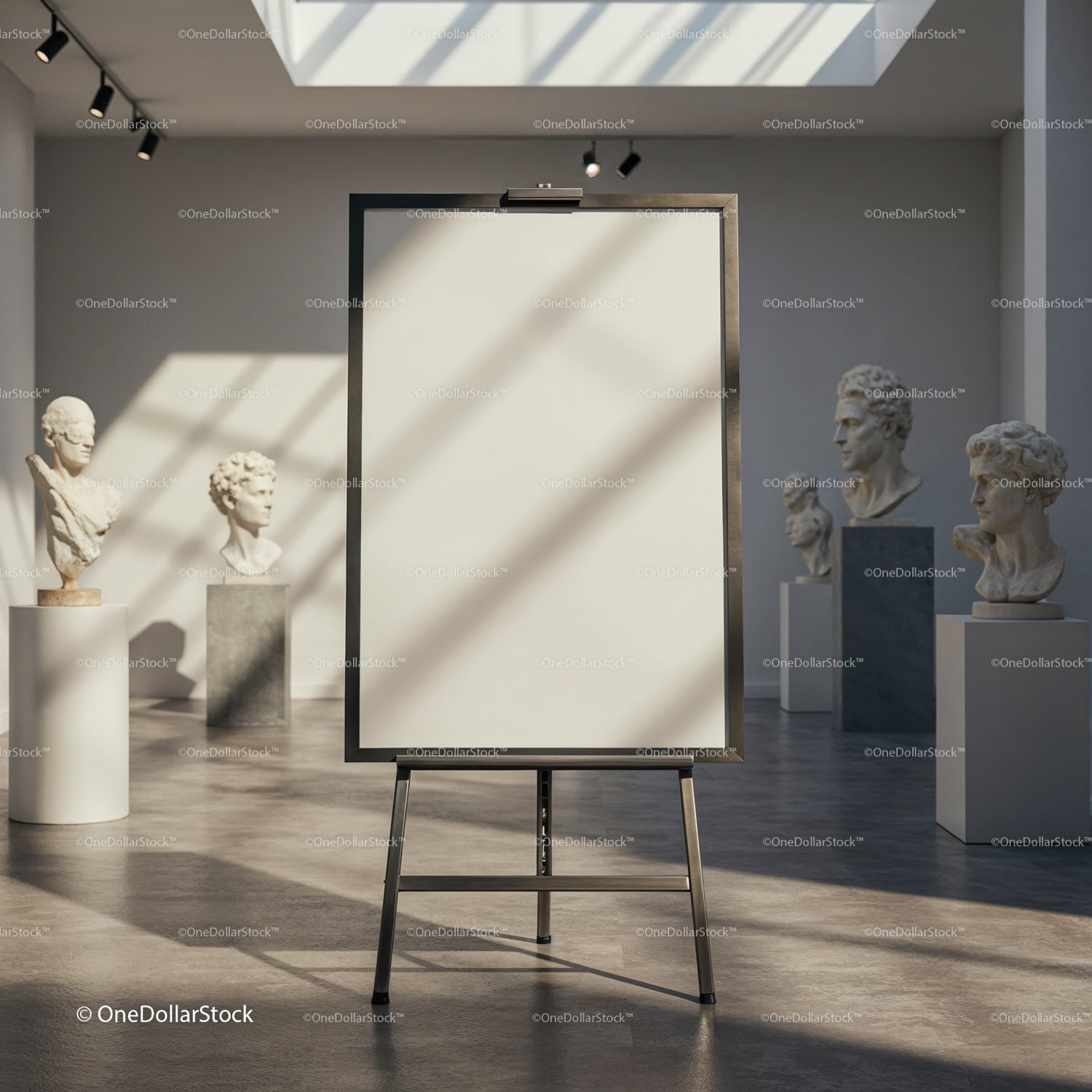 Empty easel in modern art gallery with classical busts