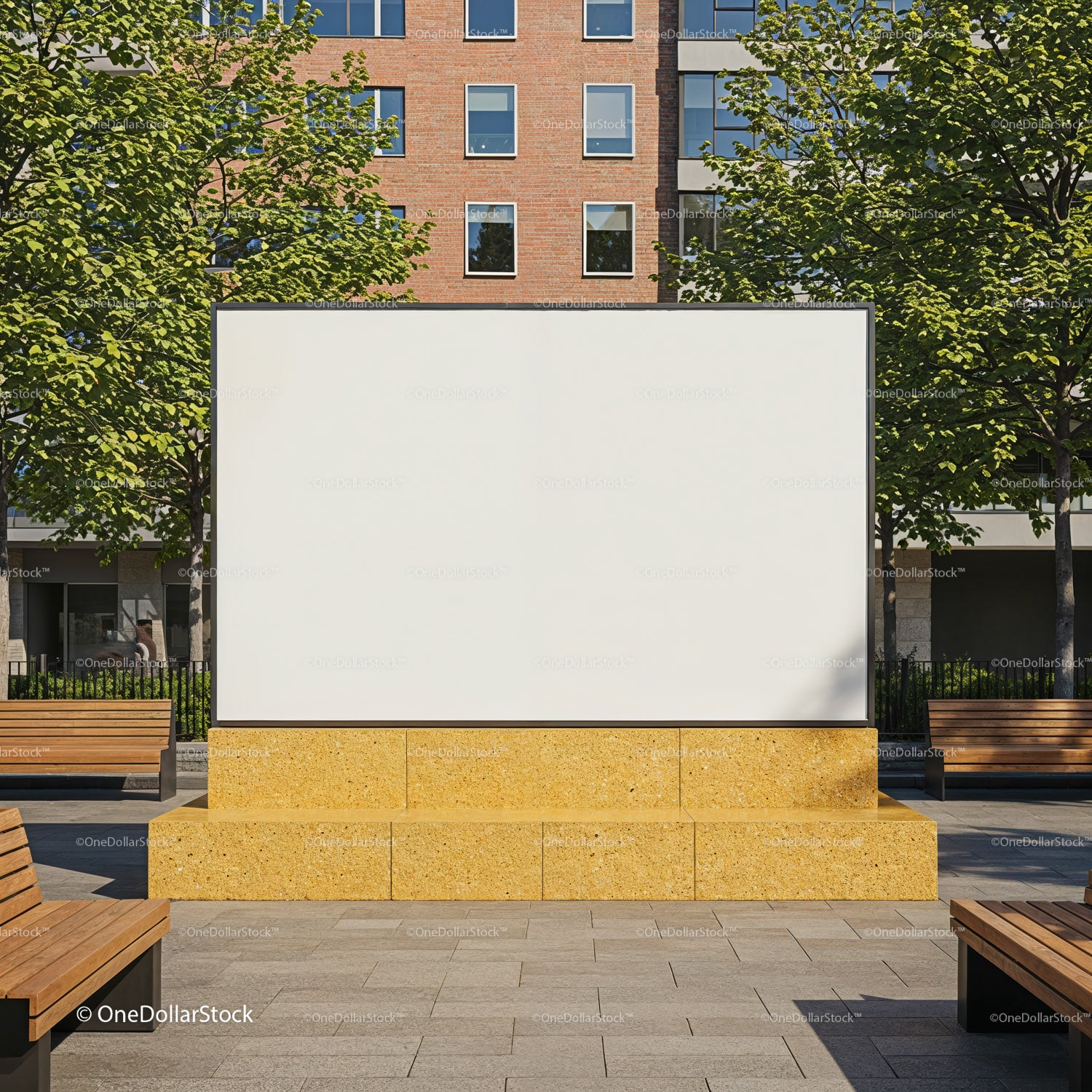 Blank Urban Billboard Surrounded by Trees and Benches