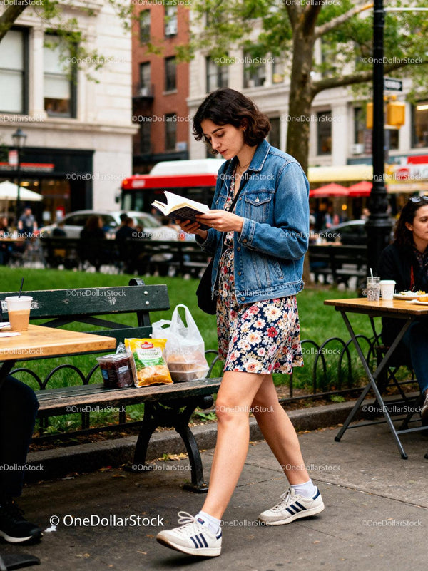 Young woman walking and reading book in urban park